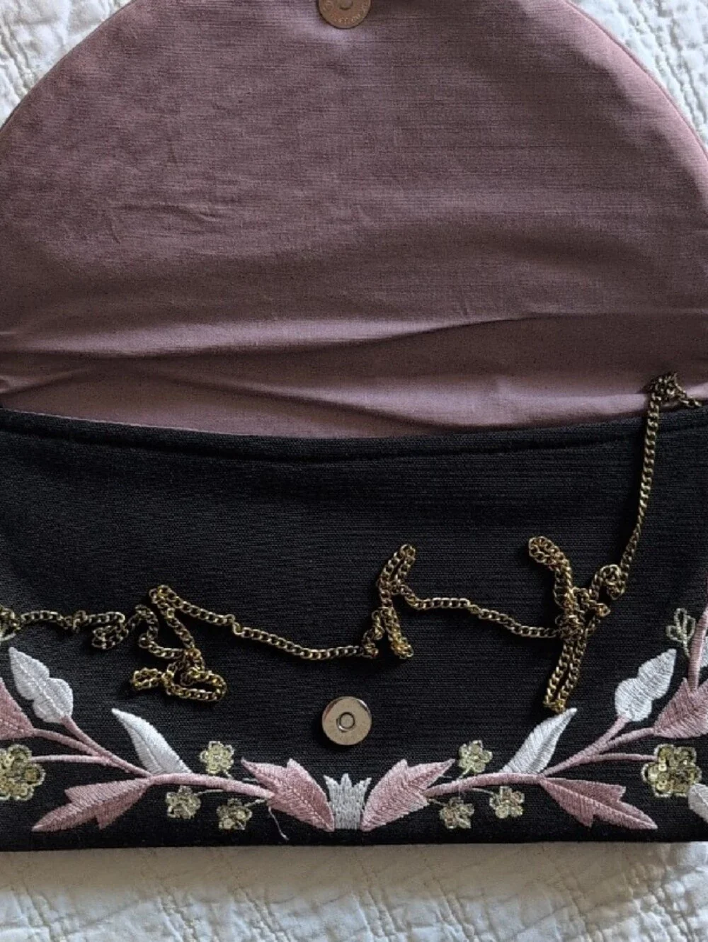Embroidered Black & Pink Floral Clutch